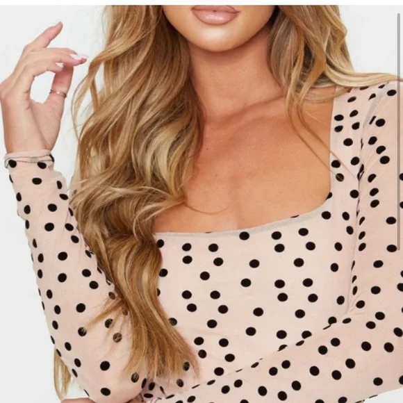PrettyLittleThing Stone Polka Dot Mesh Square
Neck Long Sleeve Bodysuit - Picture 4 of 4